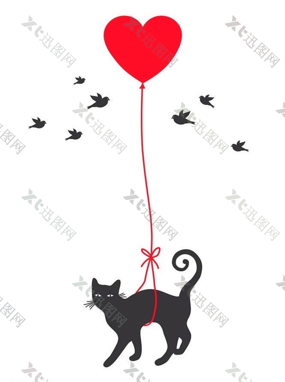 卡通手绘可爱黑色猫咪爱心气球小鸟装饰画