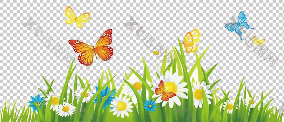 春天蝴蝶飞舞草地免抠png透明图层素材