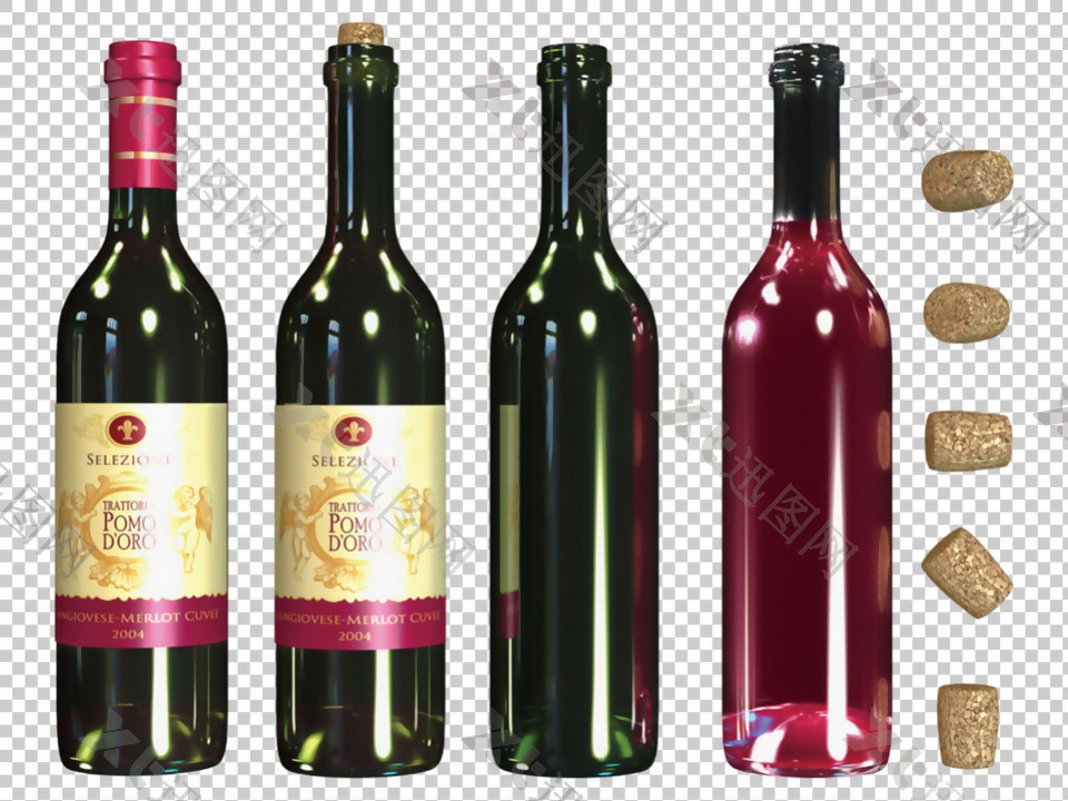 四个红酒酒瓶免抠png透明图层素材