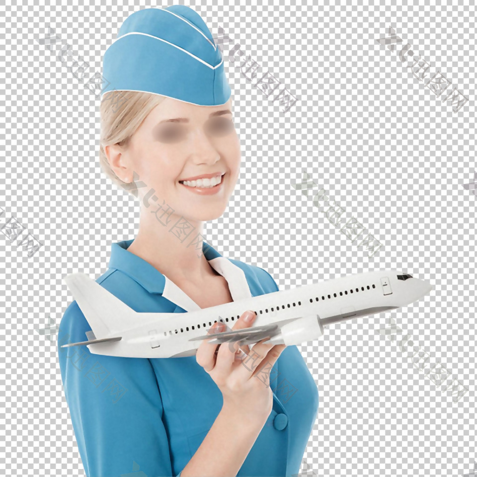 蓝衣蓝帽的空姐免抠png透明图层素材