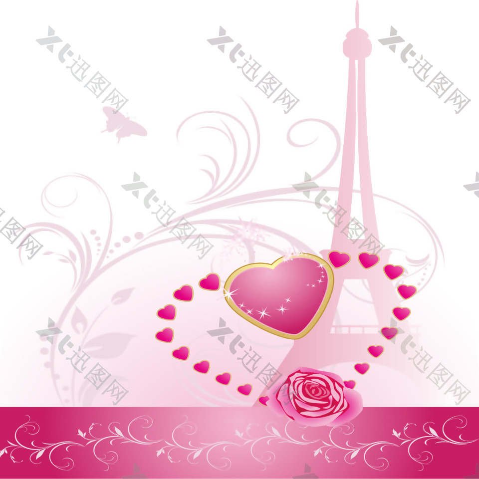 浪漫粉色心形巴黎铁塔背景