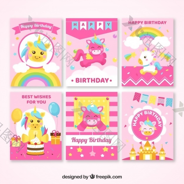 6粉红色的生日卡片与独角兽