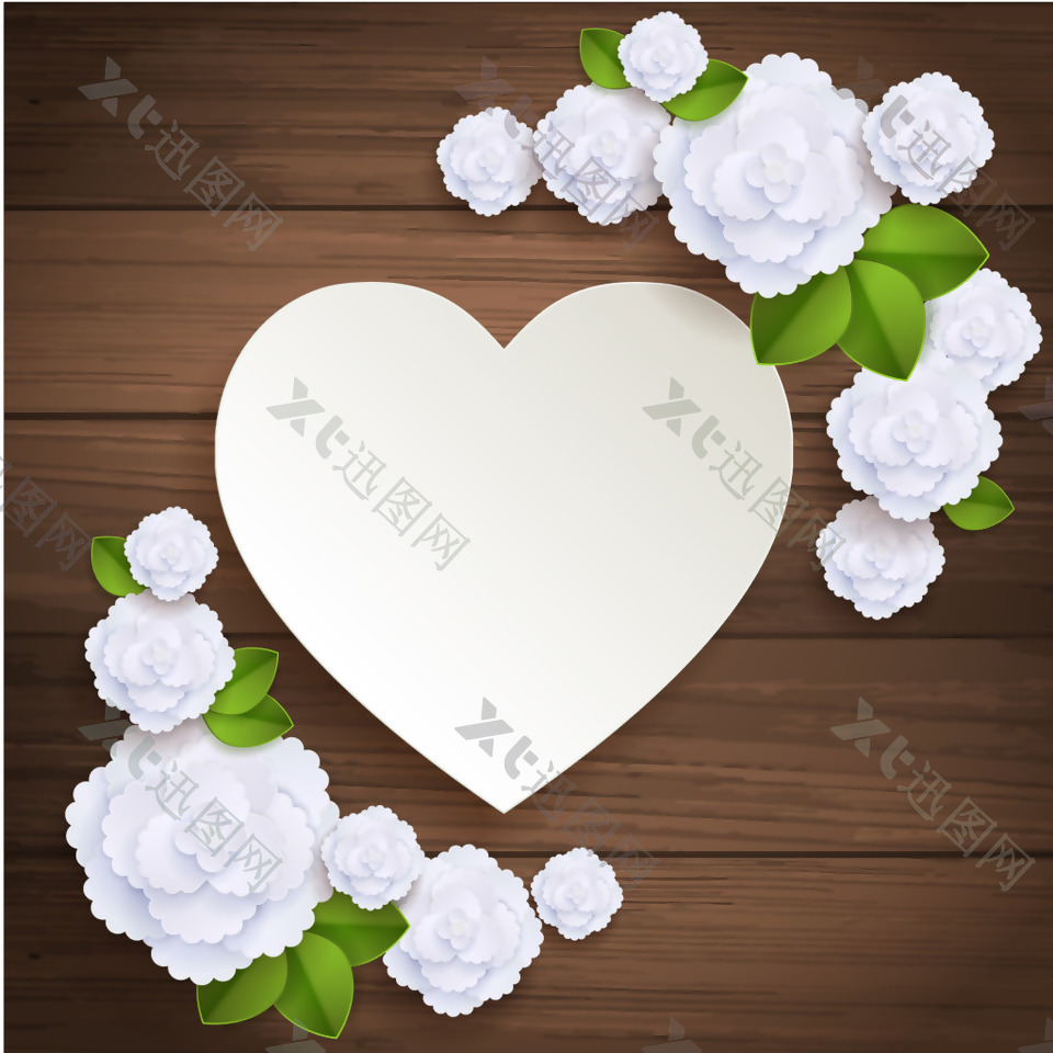 手绘白色花朵心形木板背景