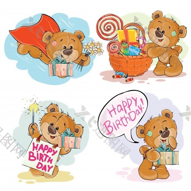 矢量剪辑艺术插画棕色泰迪熊祝你生日快乐。