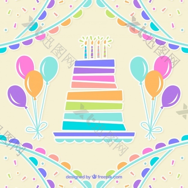 生日蛋糕和彩色气球的背景