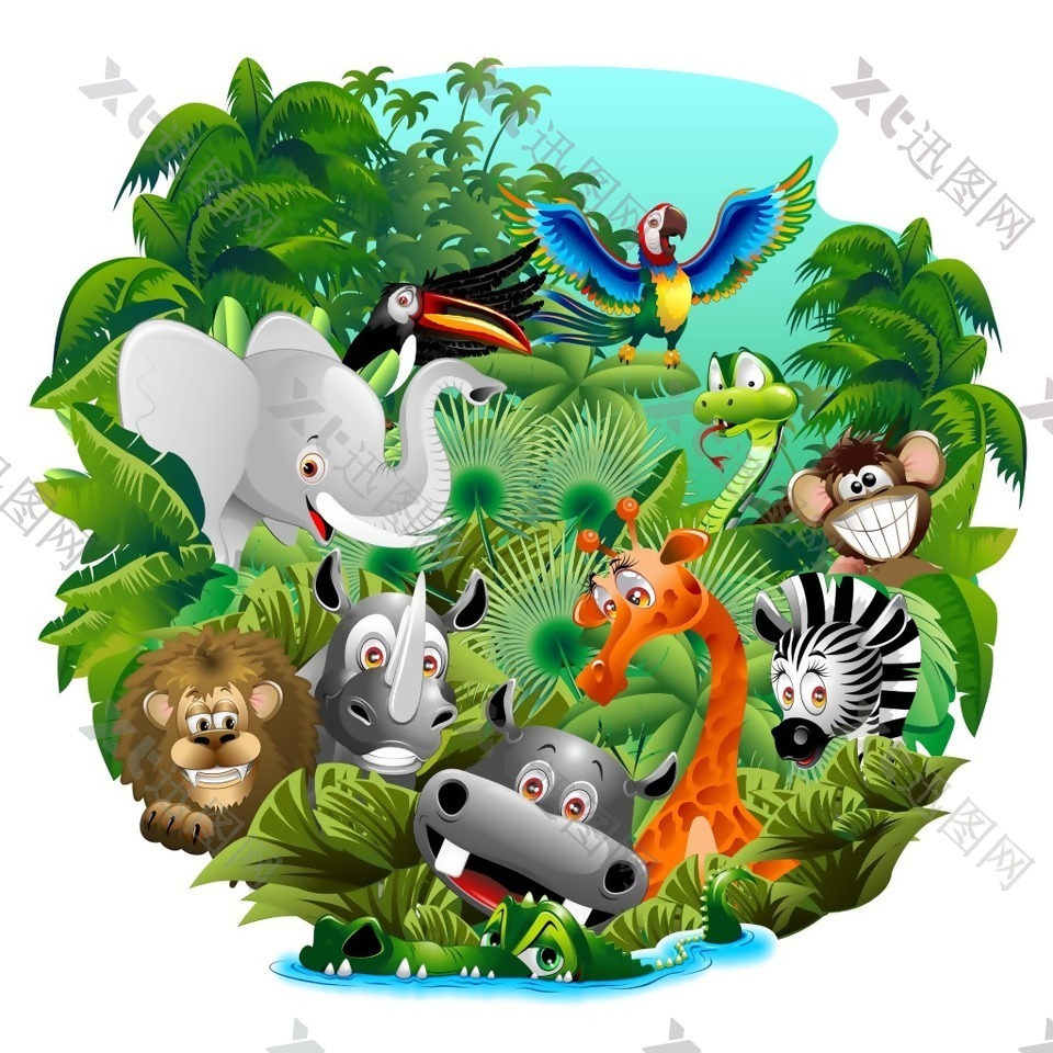 森林里的动物聚会插画