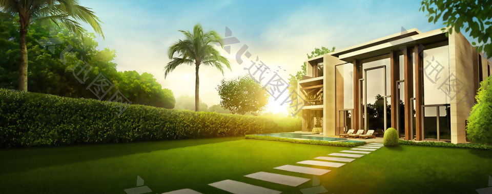绿色草地椰子树建筑banner背景素材