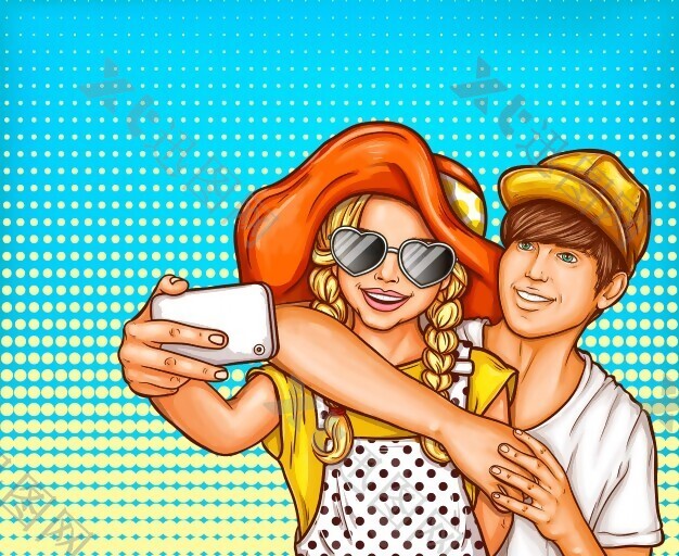 一个年轻的女孩和男孩在一个智能手机自拍矢量波普艺术插画。