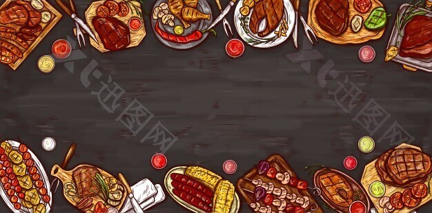 矢量插图，烹饪旗帜，烤肉背景，烤肉，香肠，蔬菜和酱汁。
