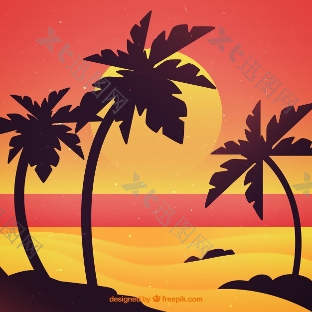 海滩日落背景与棕榈树