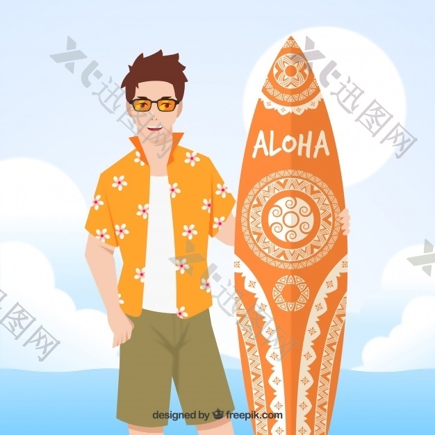 男孩的背景与T恤和冲浪板的夏威夷