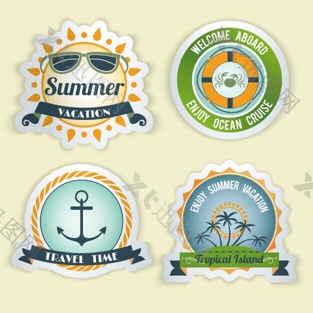 夏季海复古旅行时间的热带岛屿标志设置隔离矢量插画