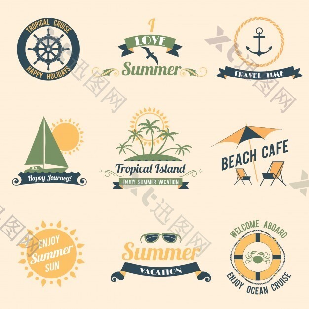 夏季海复古度假热带邮轮节日快乐的标签集合分离的矢量插画。