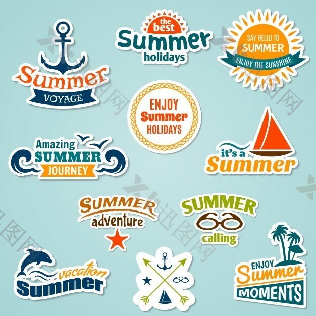 夏季海热带度假旅行假期贴纸集分离的矢量插画