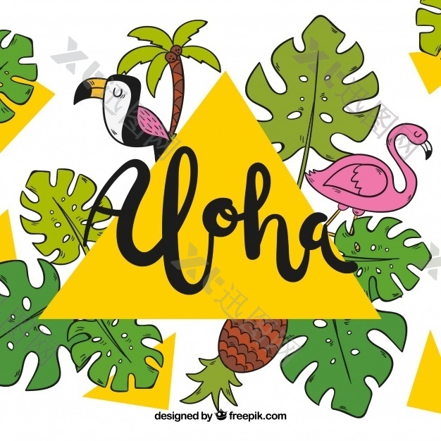 ALOHA背景与鸟类和手绘的棕榈叶