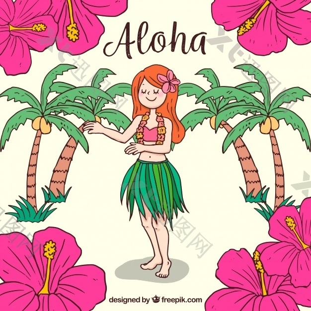 夏威夷女孩背景手绘的鲜花