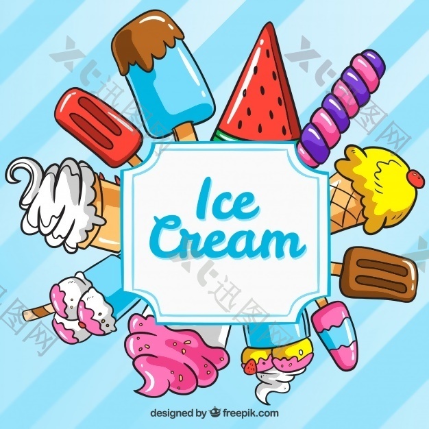 蓝色的背景与各种手绘的冰淇淋