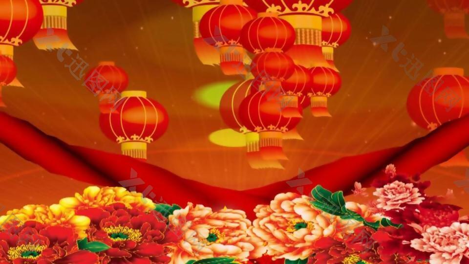 喜庆春节中国风红灯笼牡丹飘带