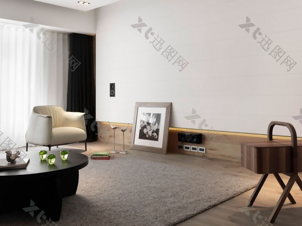 现代极简客厅灰色毛绒地毯室内装修图