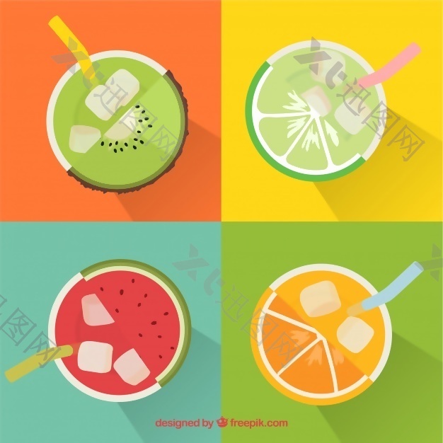 四种美味果汁的俯视图