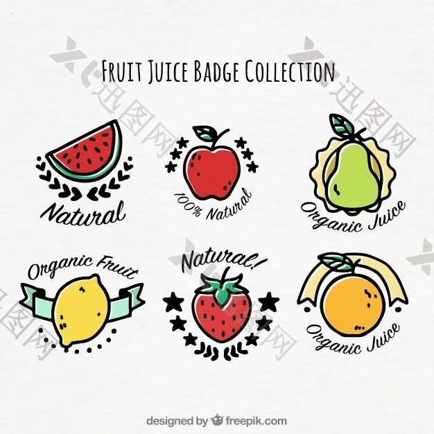 六手画各种不同水果徽章