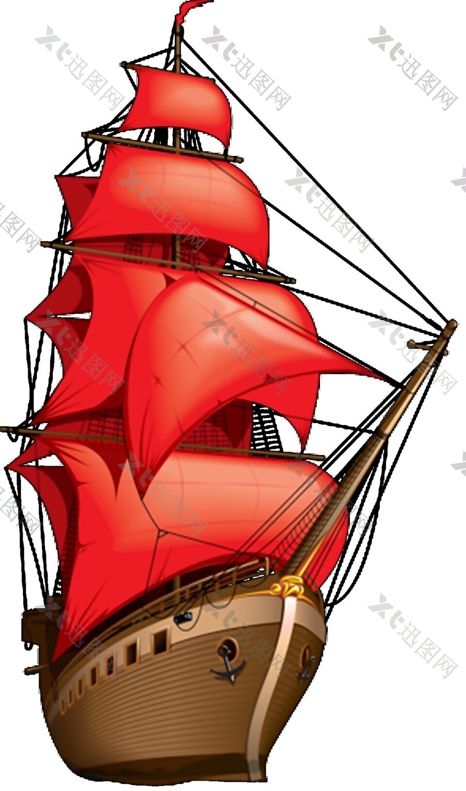 红色古风帆船图案元素