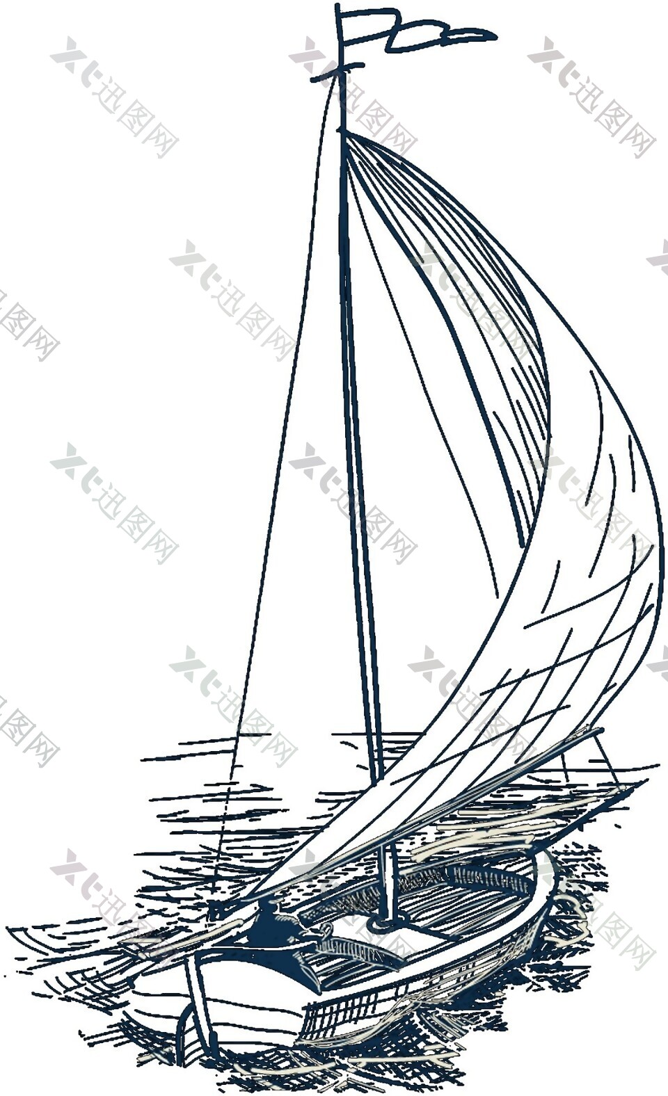 古风木制帆船线条画元素