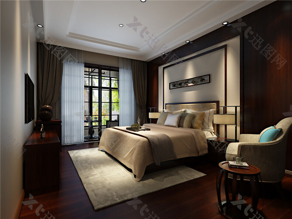 中式古风卧室素色床品室内装修效果图