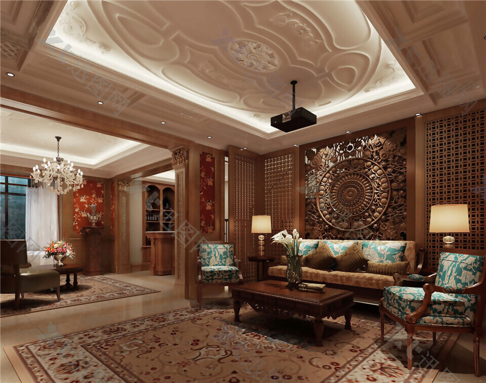中式古典禅意豪华风格客厅装修效果图