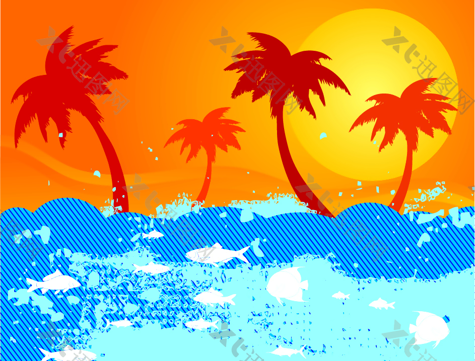 夏季阳光椰子树蓝色矢量素材