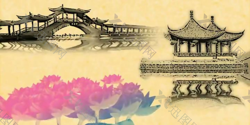 中国风淡黄水墨建筑视频素材