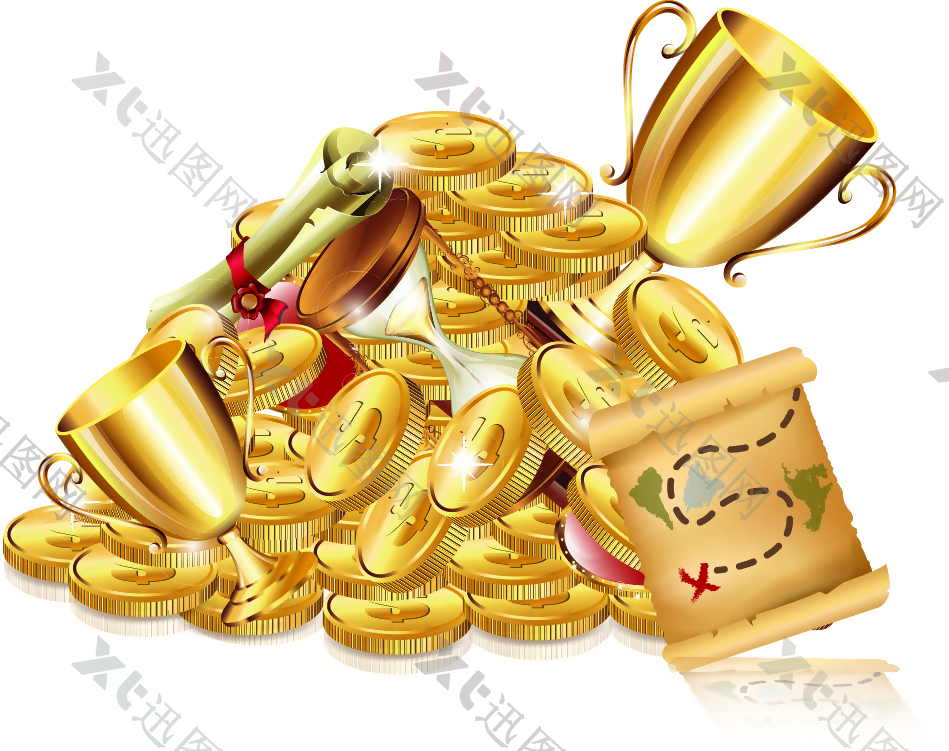 堆积成山的金币和奖杯插画