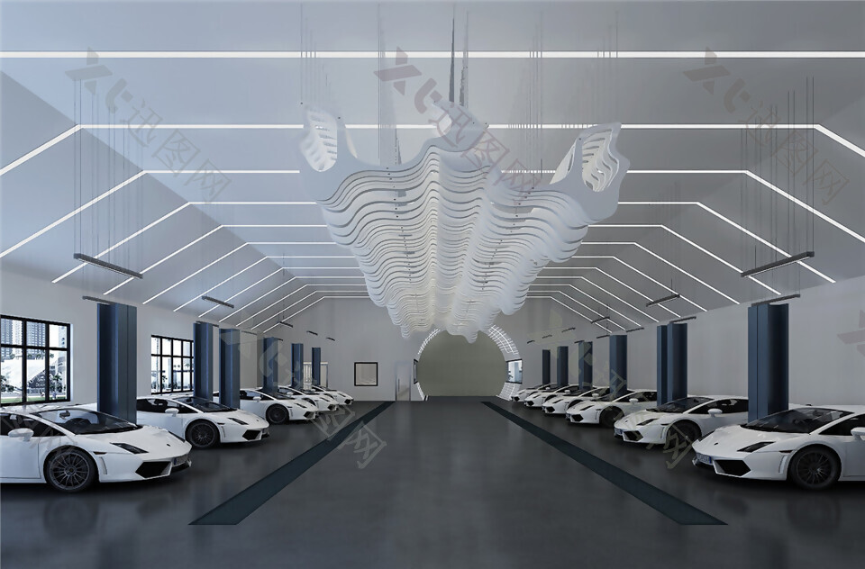 现代简约风白色调汽车展厅效果图