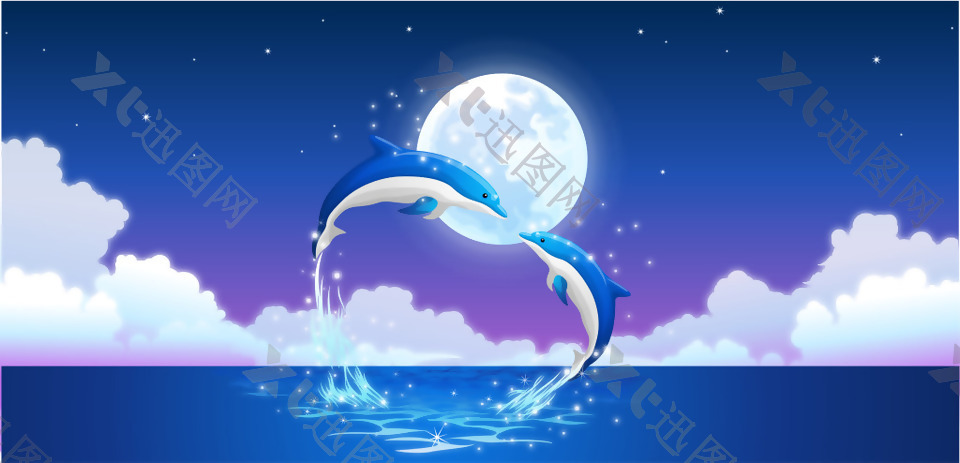 浪漫月光海豚矢量素材