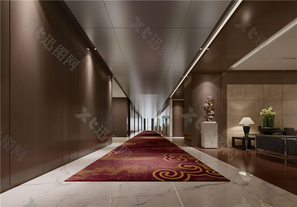 现代大气红色祥云地毯办公室走廊工装效果图