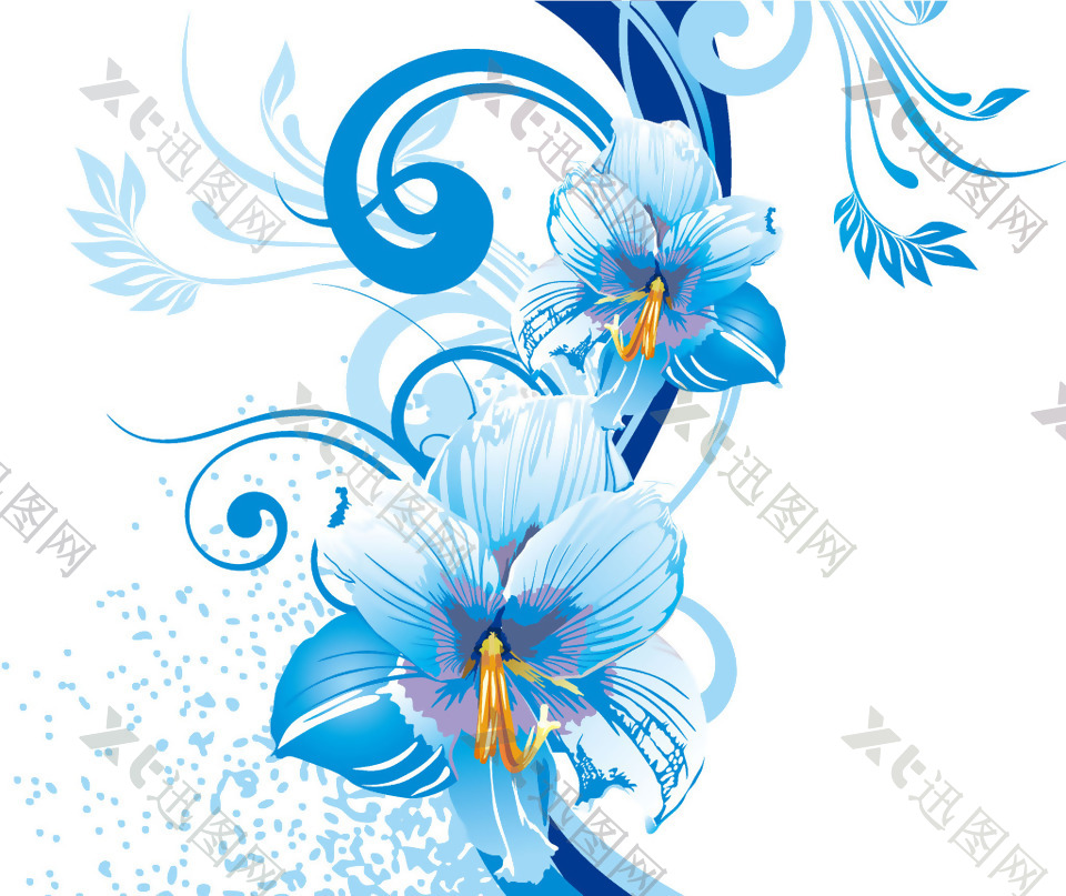 蓝色手绘花朵卡通矢量素材