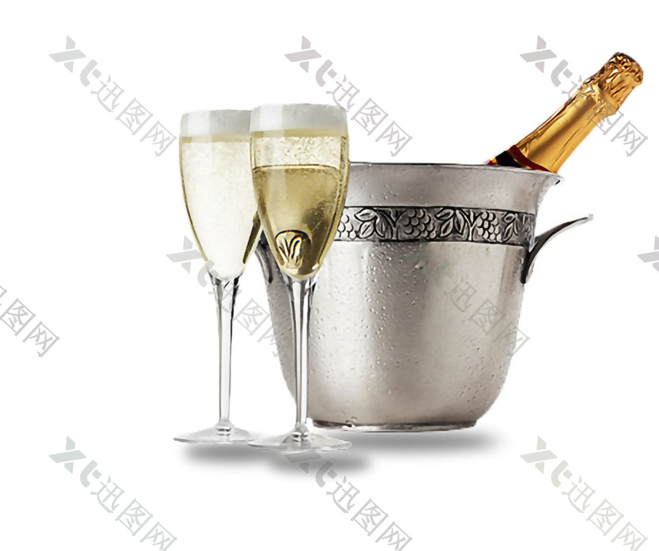 两杯香槟酒和酒瓶免抠png透明素材