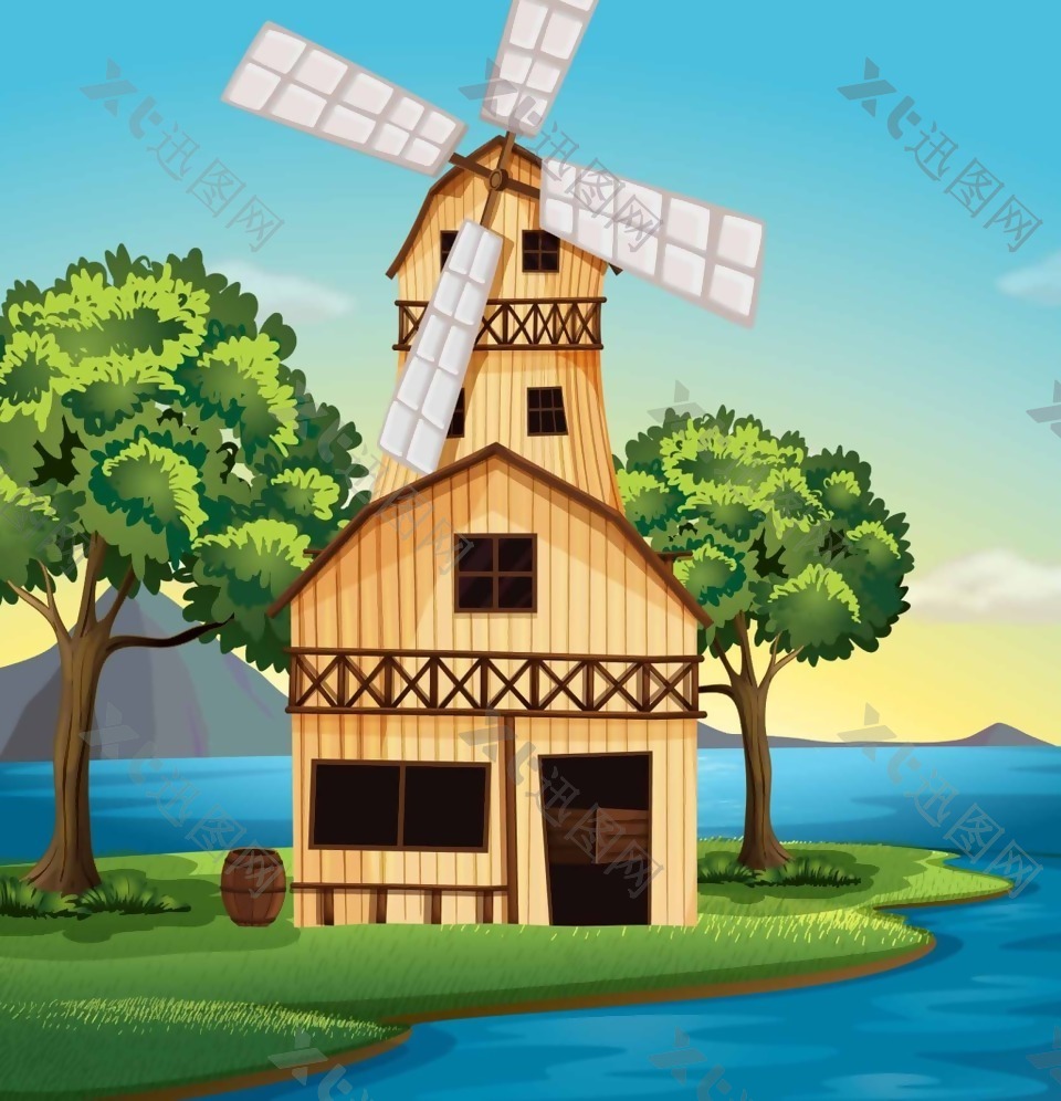 河边的小木屋和风车插画