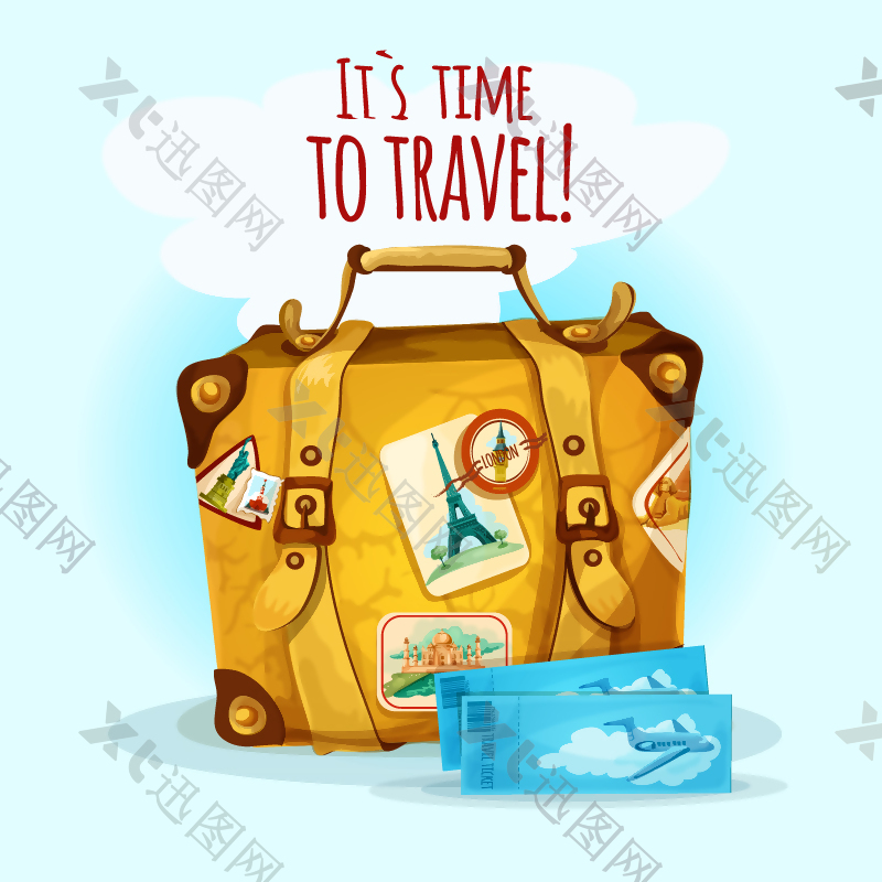 彩绘旅游行李箱和飞机票矢量
