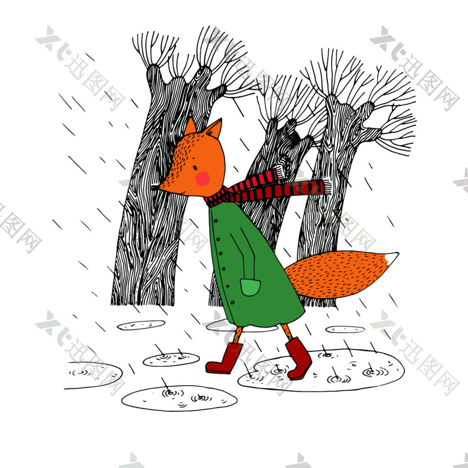 雨天狐狸卡通矢量素材