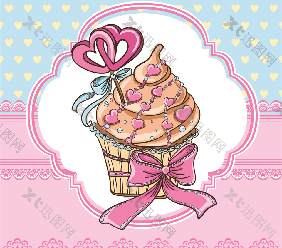 粉色手绘卡通美味的纸杯蛋糕