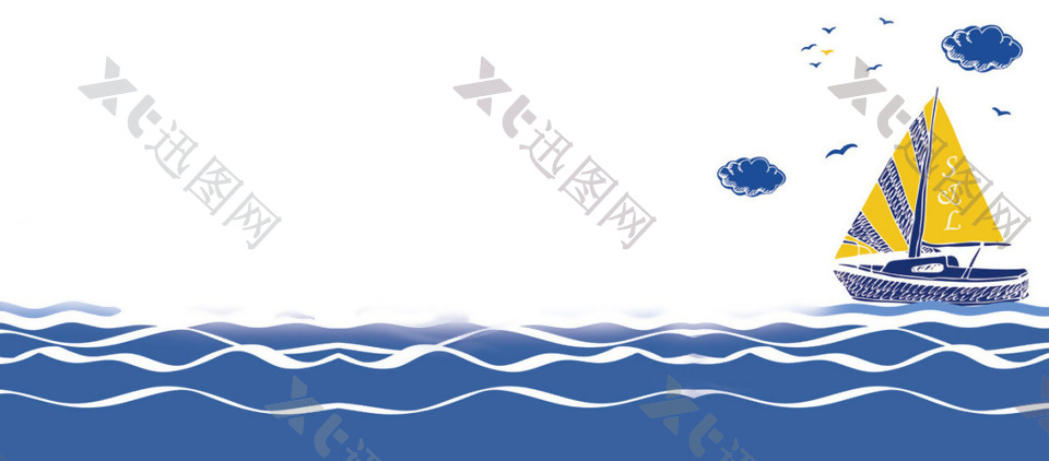手绘蓝色海水banner背景素材