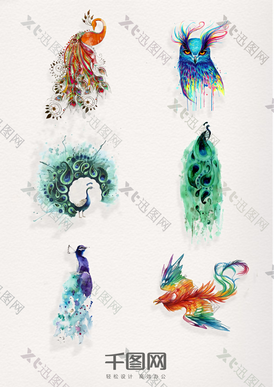 一组精美水彩动物飞鸟设计素材