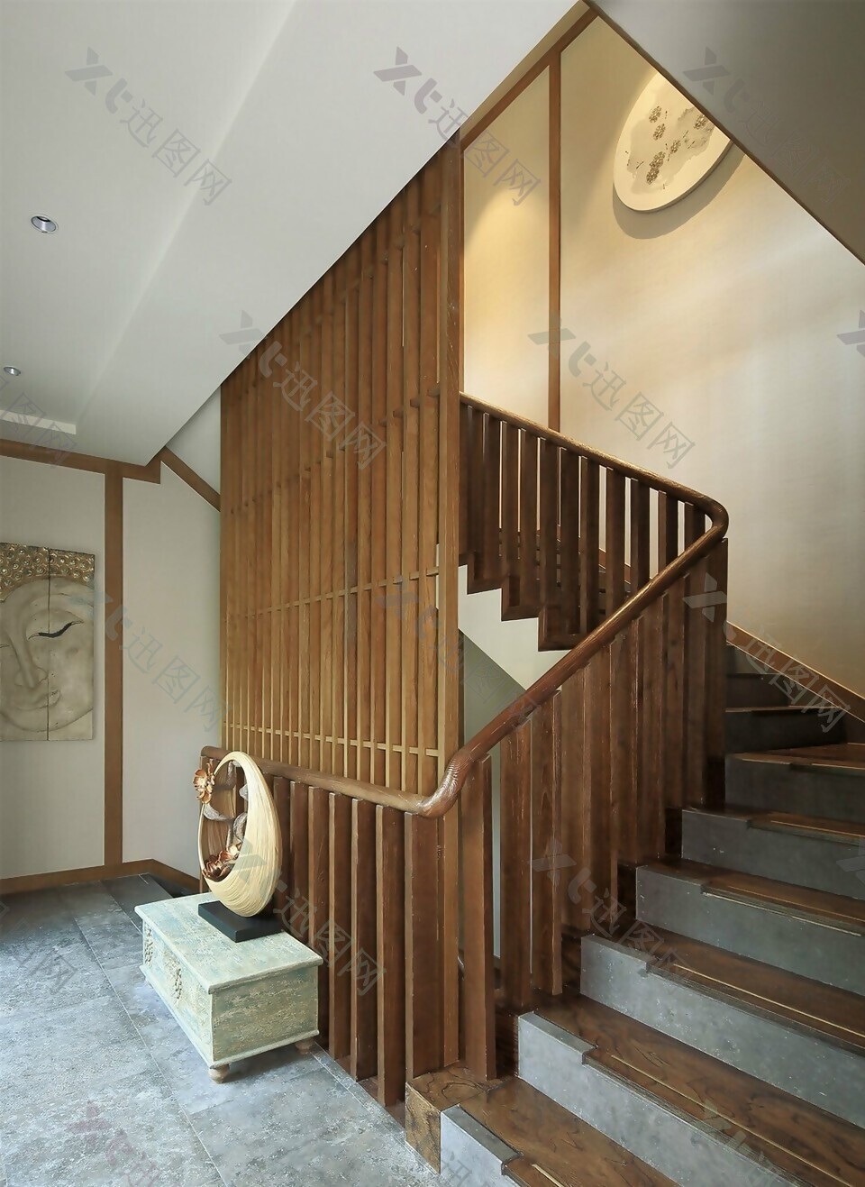 新中式古朴简约风格实木楼梯效果图