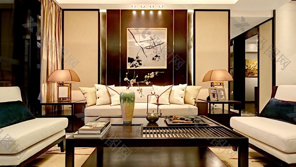 别墅奢华中式风格客厅装饰画效果图