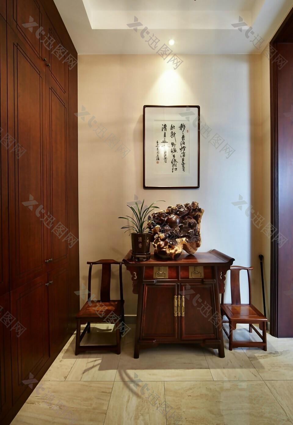 中式时尚室内柜子背景墙效果图