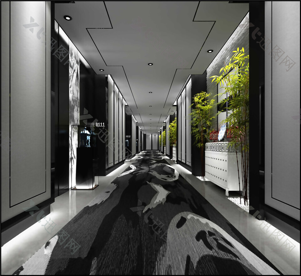 现代时尚冷淡风灰色花纹地板酒店走廊装修图