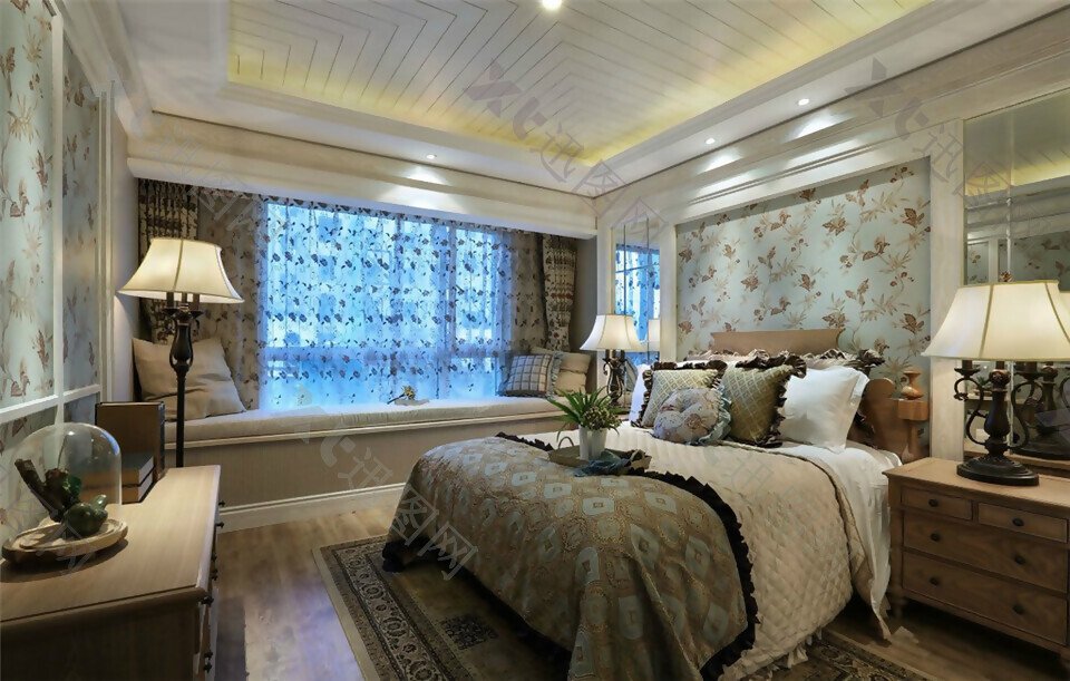现代地中海卧室床铺装修实景图