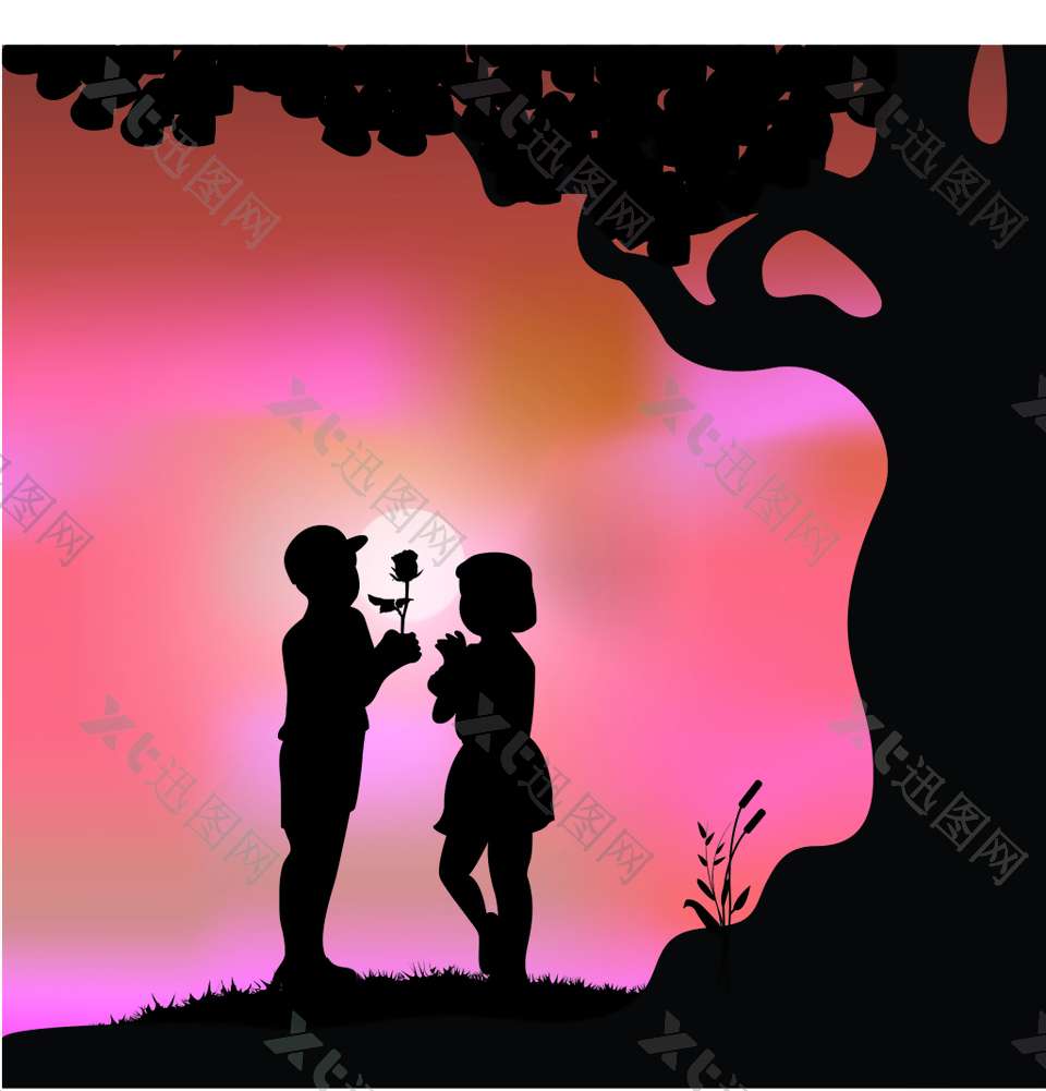 大树下浪漫的情侣插画