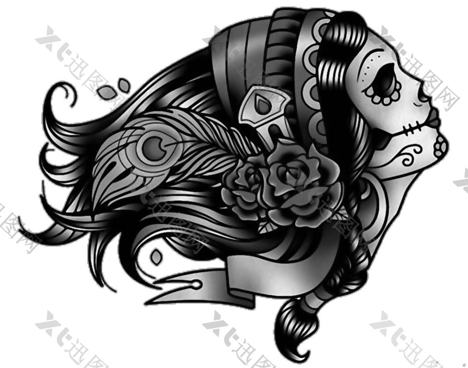 黑色美女骷髅艺术纹身免抠png透明素材